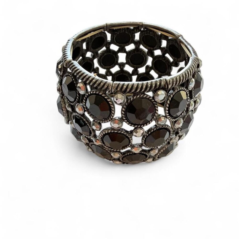 Vintage Y2K Chunky Black Crystal Stretch Cuff Bracelet Punk Goth Glam